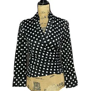 Talbots Wrap Top 8P Black White‎ Polka Dot Cotton 3/4 Sl Shirt Career Party